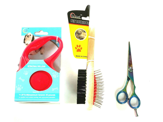 Retractable Dog Leash Double Brush Grooming Hair Scissors Complete Gift Set - American Made Product