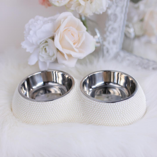 Hello Doggie Crystal Pet Dining Bowl with Removable Stainless Steel Bowls - American made Product